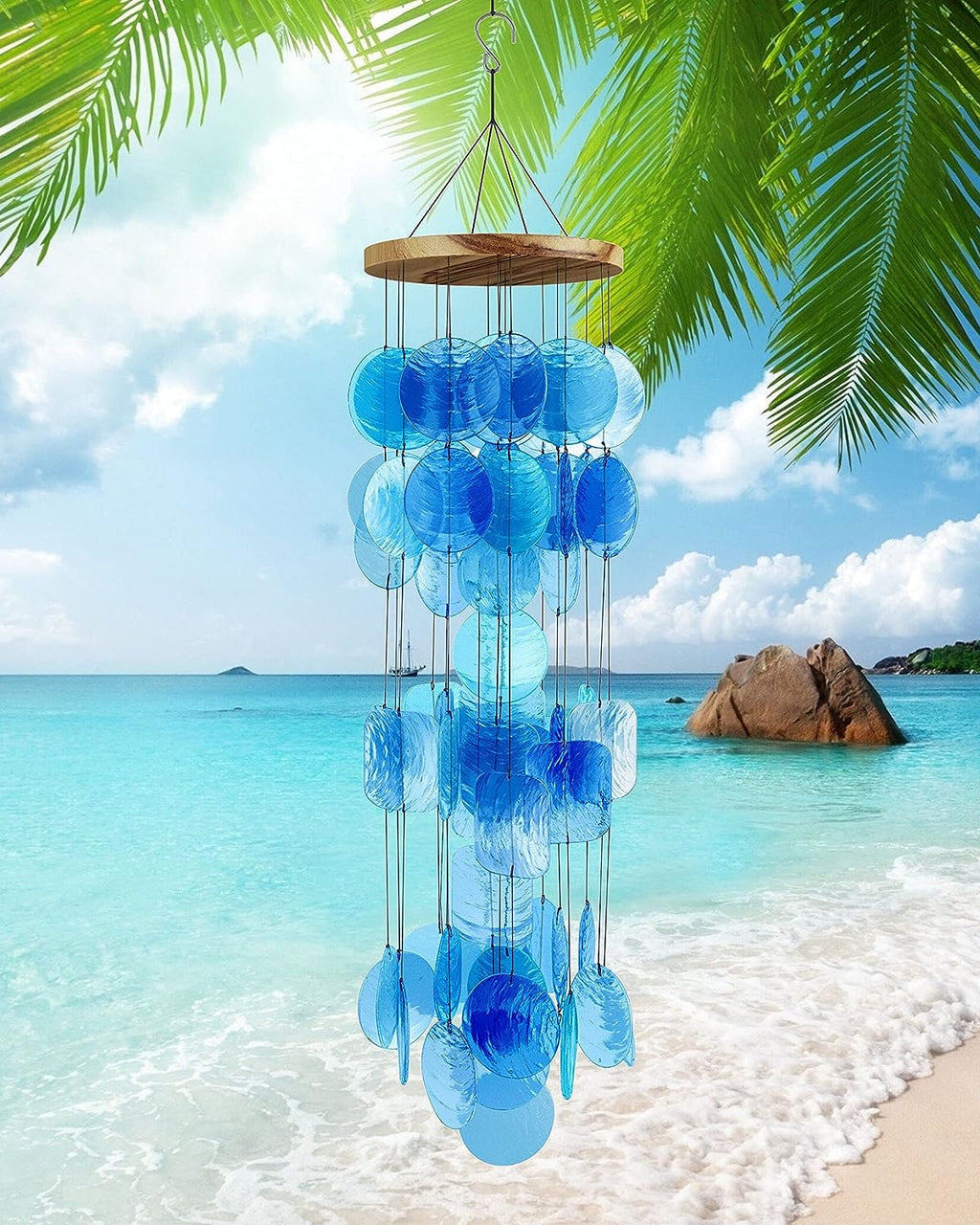 Blue Seashell Glass Wind Chimes 28"