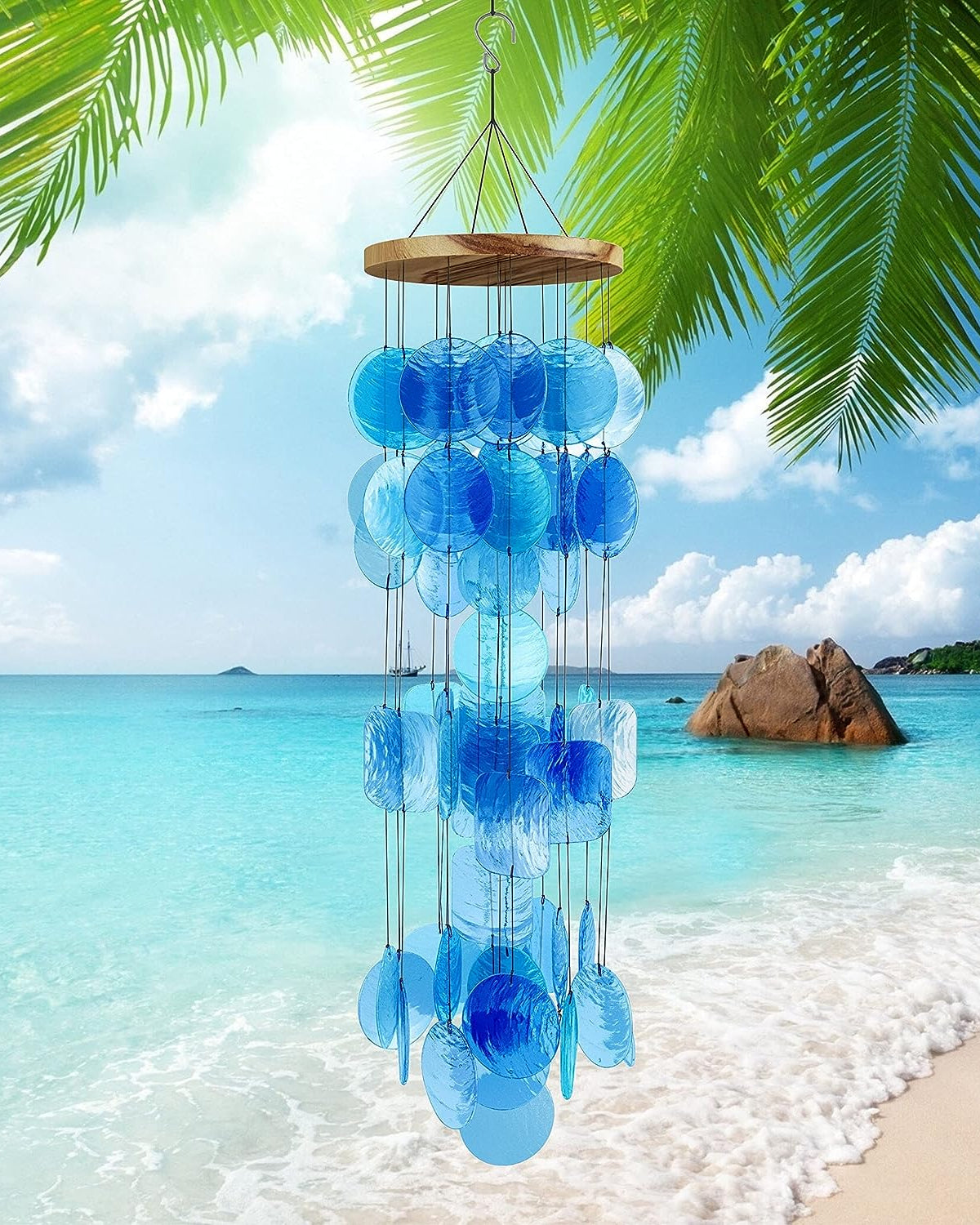 Blue Seashell Glass Wind Chimes 28"